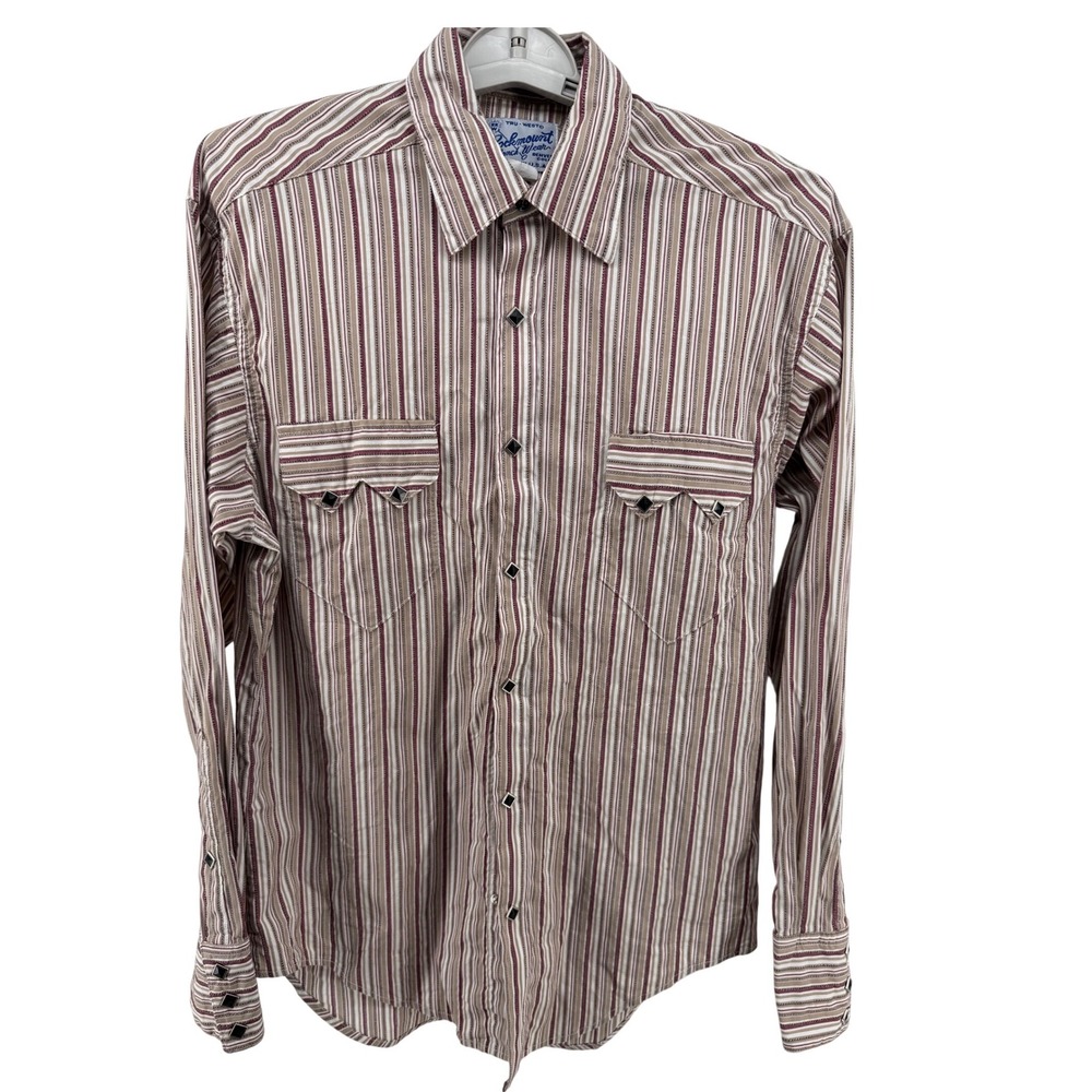 VTG Rockmount‎ Ranch Wear Mens S Western Shirt Red Tan Striped Diamond Snap USA